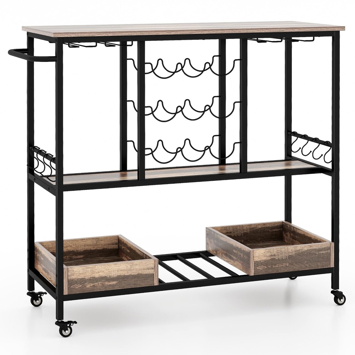 3 Tiers Bar Cart on Wheels with Glass Racks