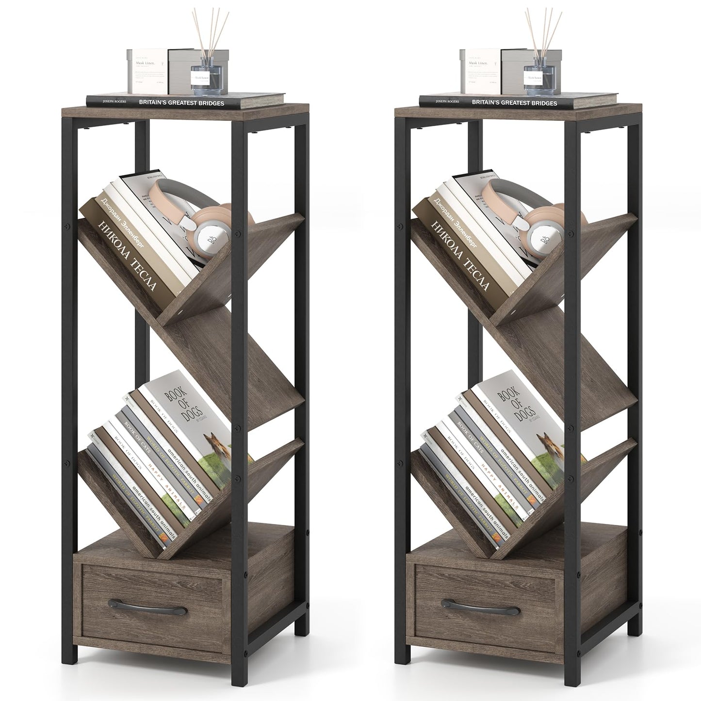 4 Tier Floor Standing Storage Organizer Tree Bookshelf with Drawer