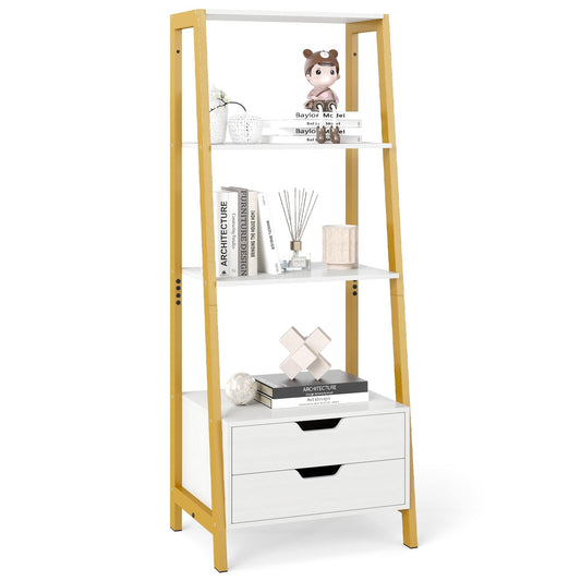 Ladder Bookshelf with Storage with 4 Open Shelves and 2 Drawers