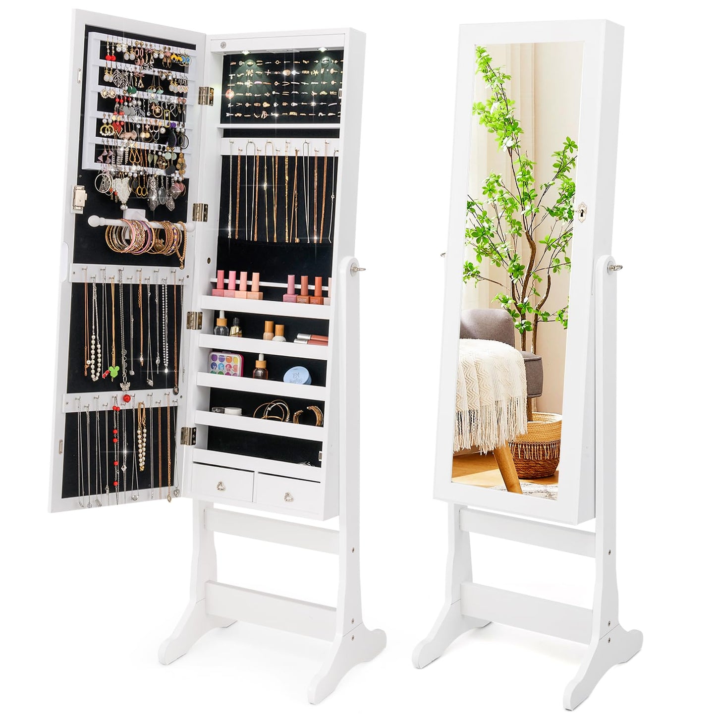 Freestanding Jewelry Armoire Cabinet with Inner LED Lights and 4 Adjustable Tilt Angles