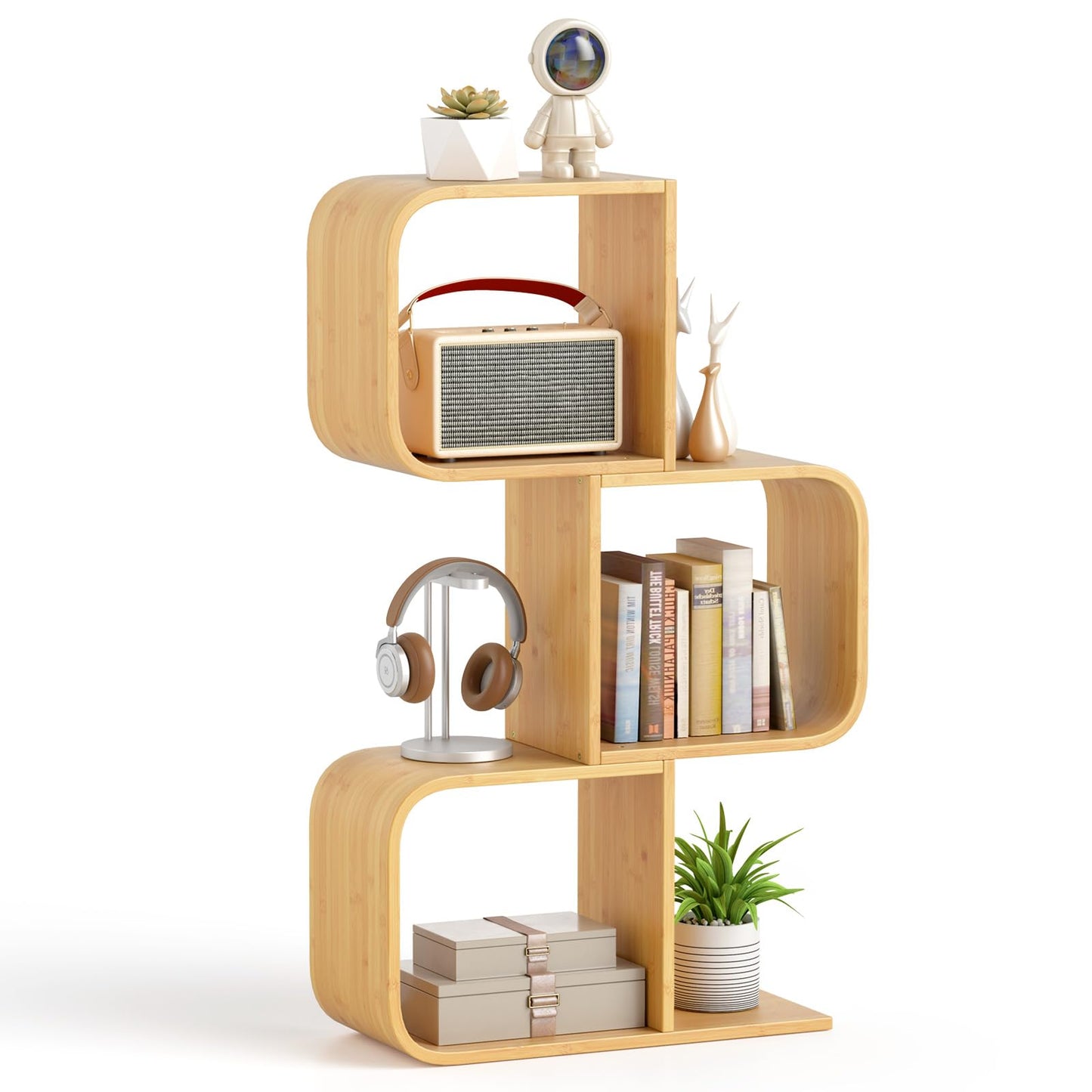 S Shaped Bookcase Bamboo Bookshelf Decorative Storage Organizer