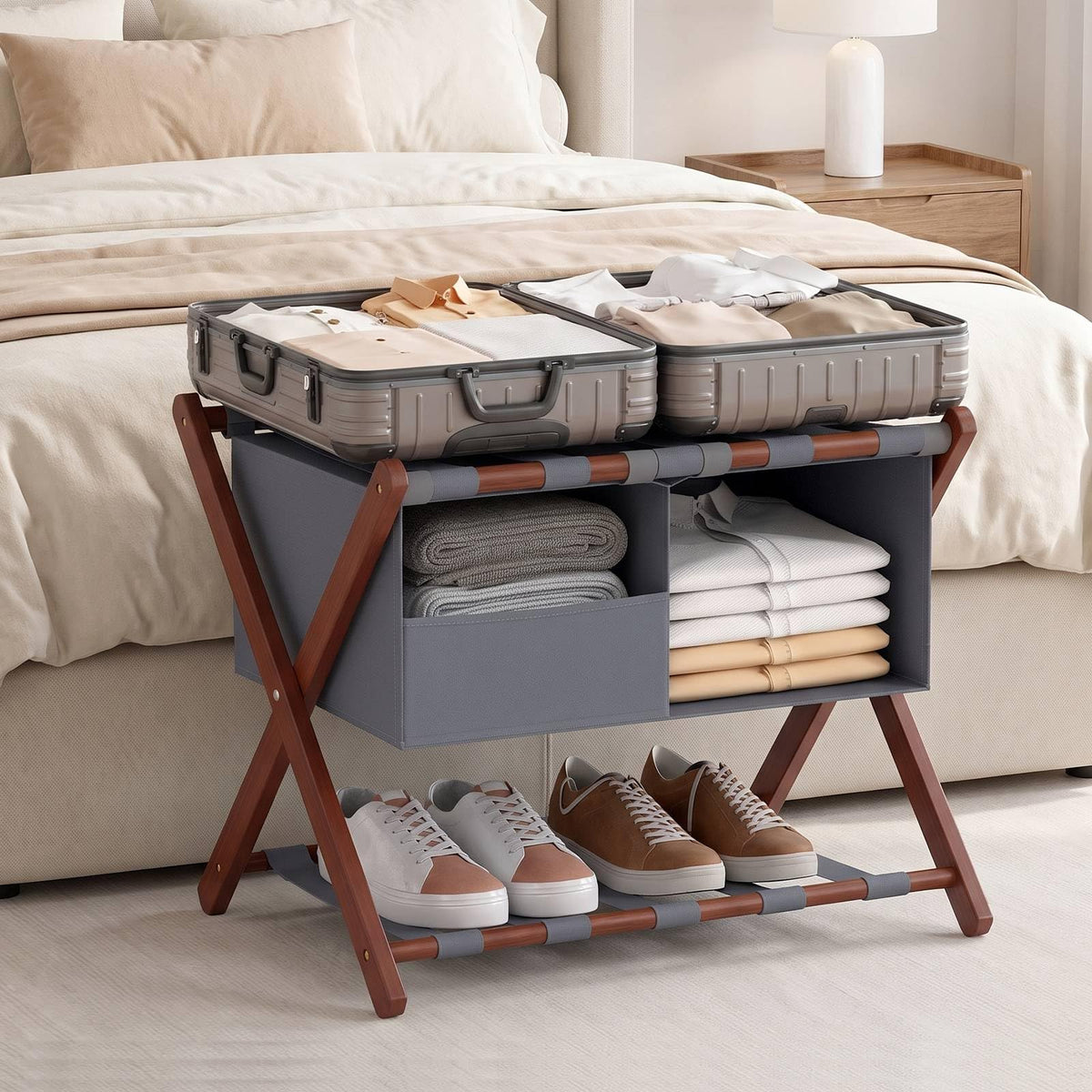 68 cm Foldable Bamboo Luggage Rack with Removable 2-Compartment Storage Bag