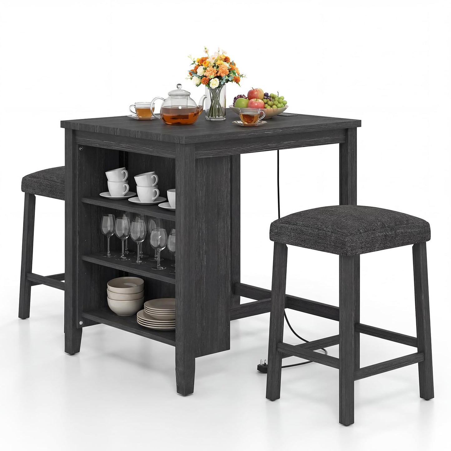 3 Piece Bar Table Set with Power Outlet, Dining Table