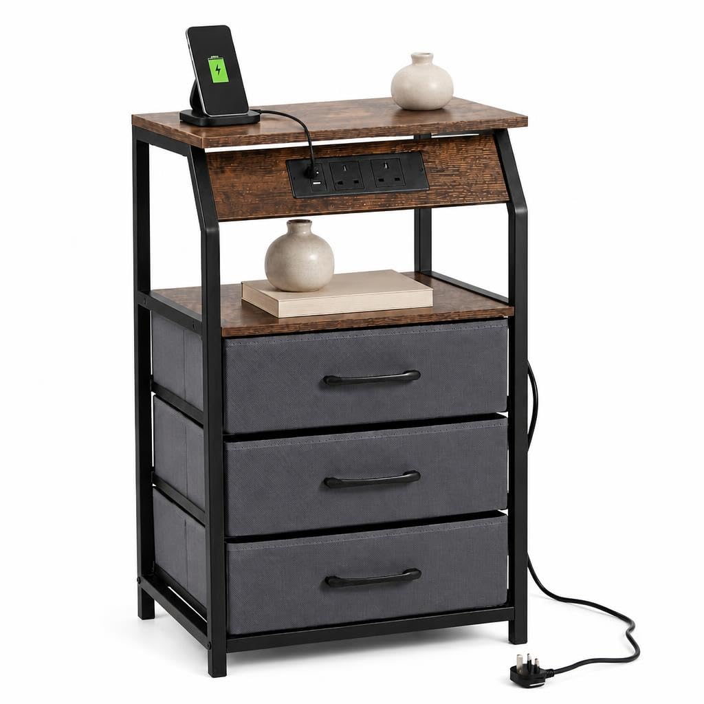 Side Table with 3 Foldable Fabric Drawers, Narrow End Table