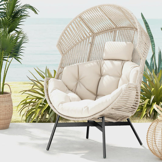 Oversized Wicker Egg Chair with Thick Cushions and Headrest
