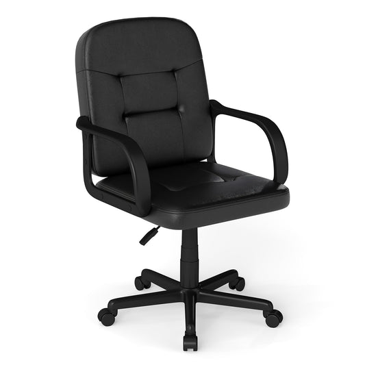 Leather Office Chair PU Upholstered Swivel Chair with Ergonomic Back and Curved Armrests