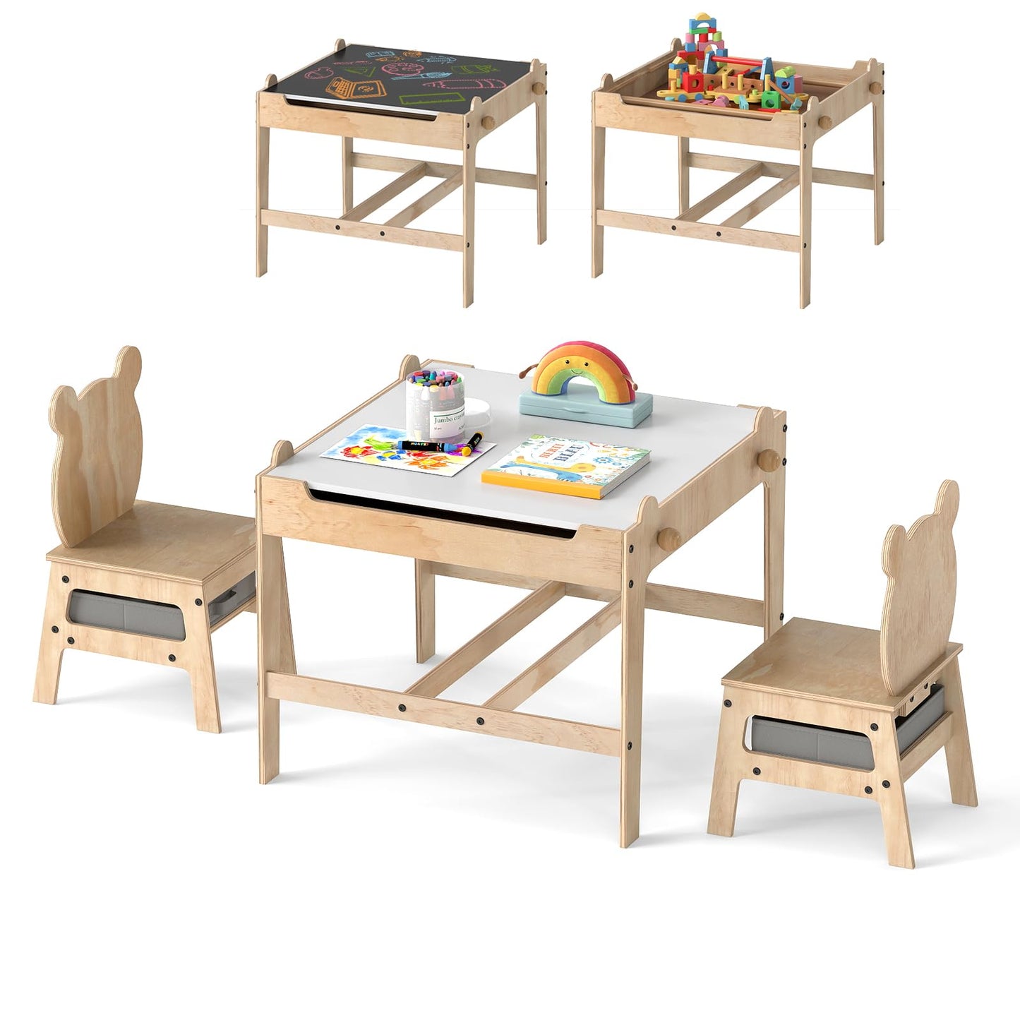 Kids Table and Chairs 4 in 1 Wooden Activity Desk Set (Bear Shape)