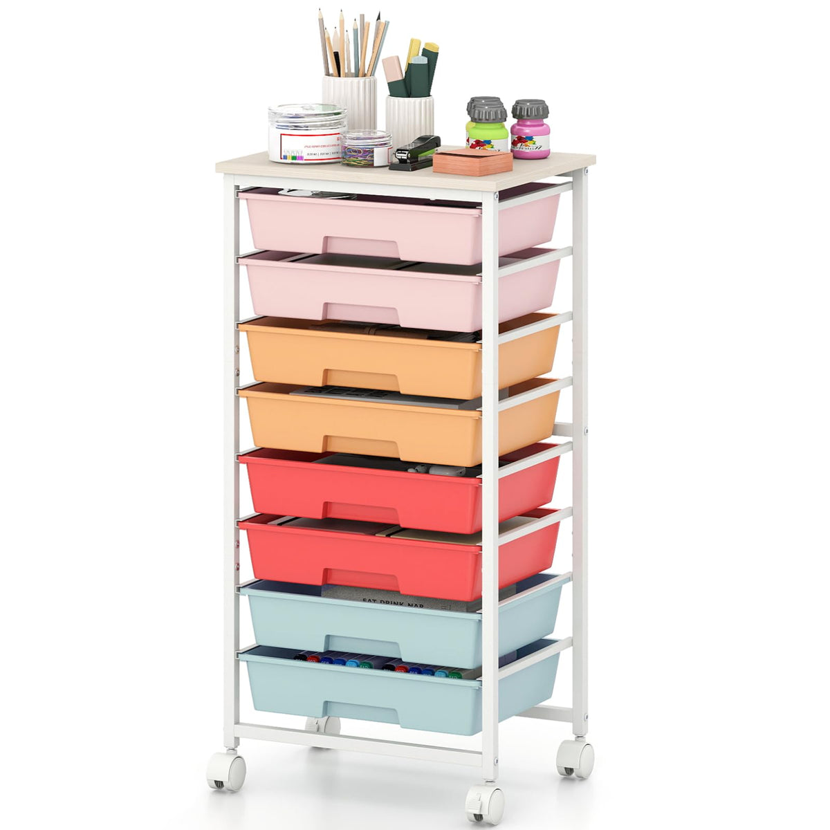 8 Drawers Storage Trolley, Rolling Utility Cart with Wooden Top