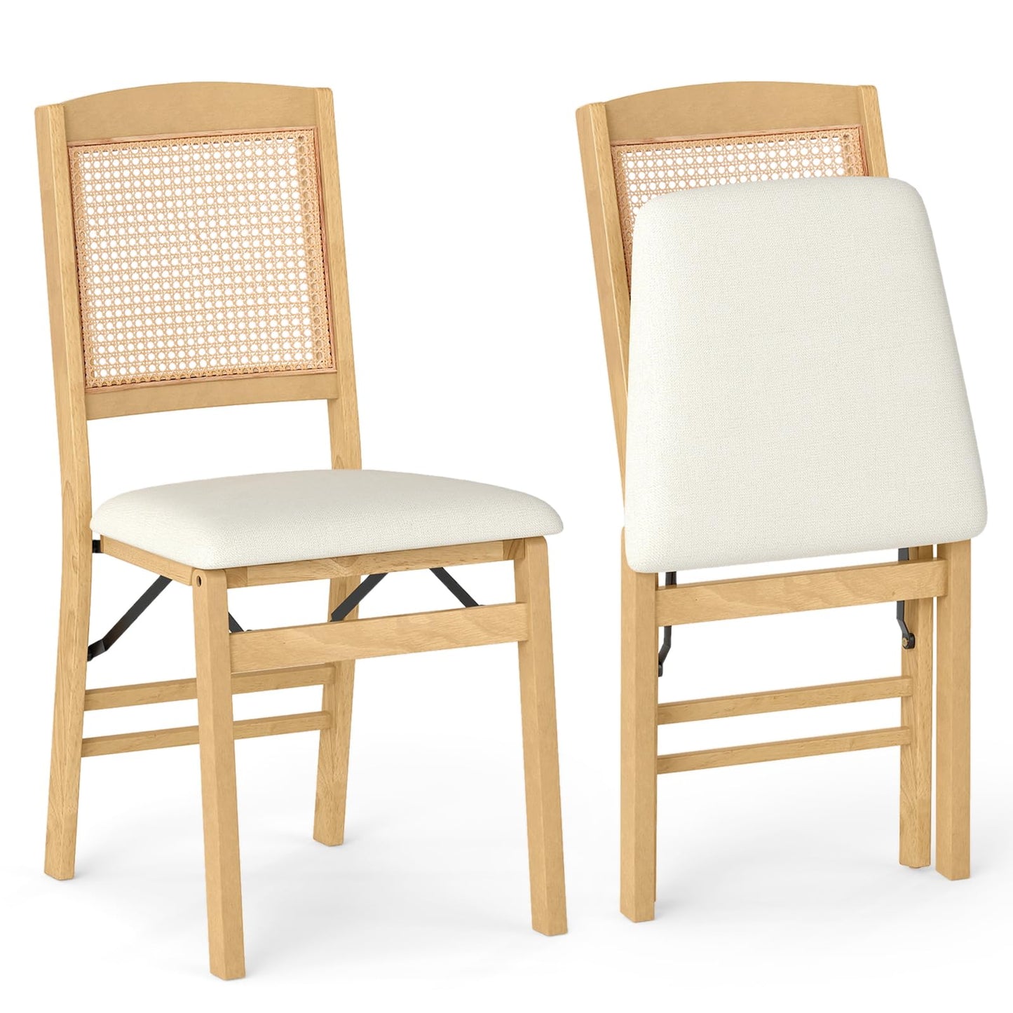 Wooden Folding Chairs Set of 2 Rustic Rubber Wood Dining Chairs with Linen Padded Seat
