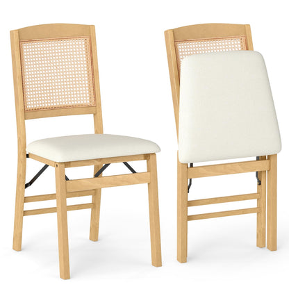 Wooden Folding Chairs Set of 2 Rustic Rubber Wood Dining Chairs with Linen Padded Seat