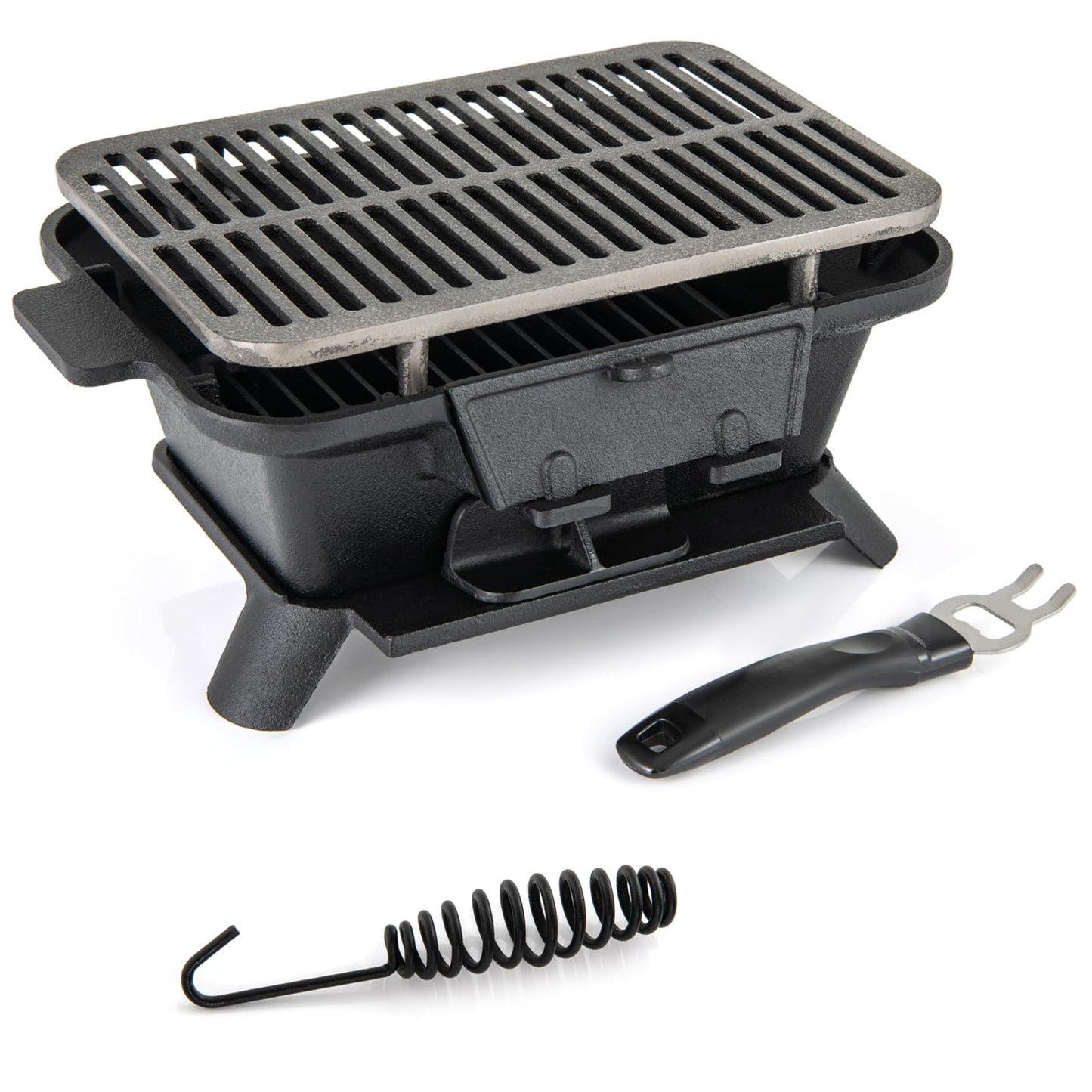 Cast Iron Charcoal Grill, Tabletop Barbecue Grill with Double-Sided Grilling Net