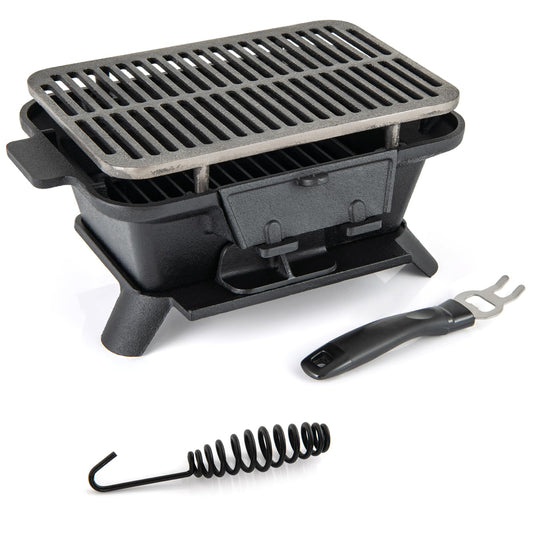Cast Iron Charcoal Grill, Tabletop Barbecue Grill with Double-Sided Grilling Net