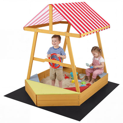 Wooden Kids Sandpit, Ship-Shaped Sandbox Sand Boat with Canopy, 4 Corner Seats