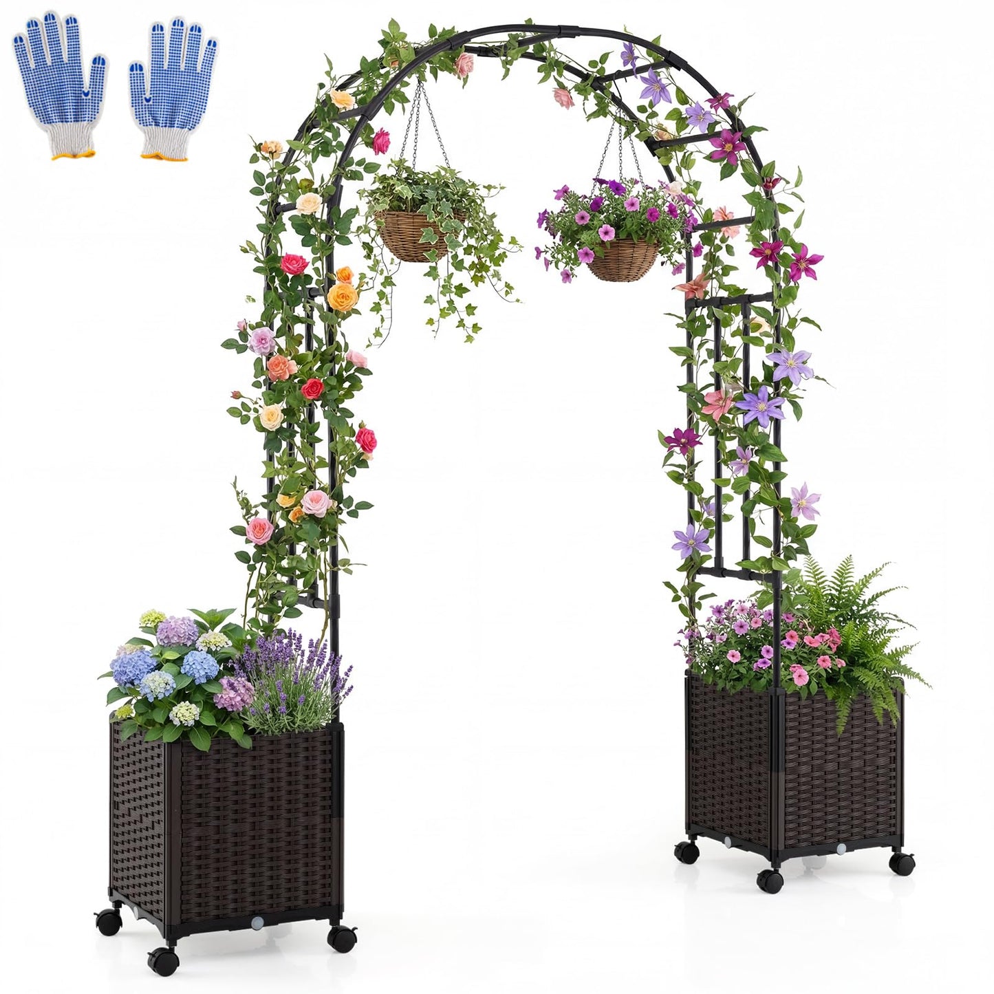 Garden Arch with Planter Box, 2M Metal Pergola Arbor Trellis with Self-Watering System
