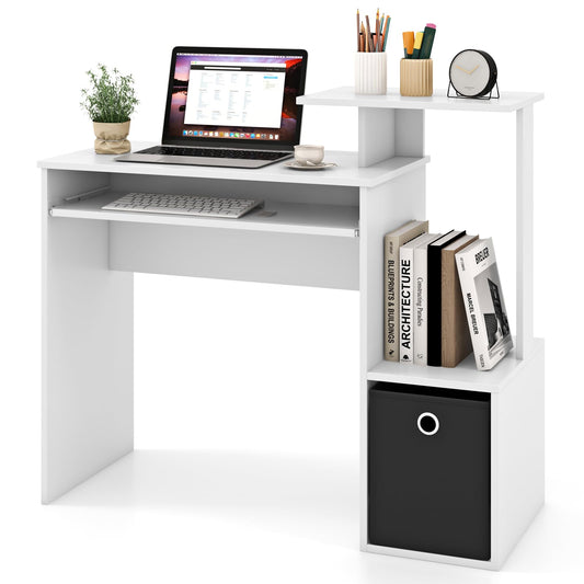 Space-saving Computer Desk with Open Shelf and Fabric Storage Drawer