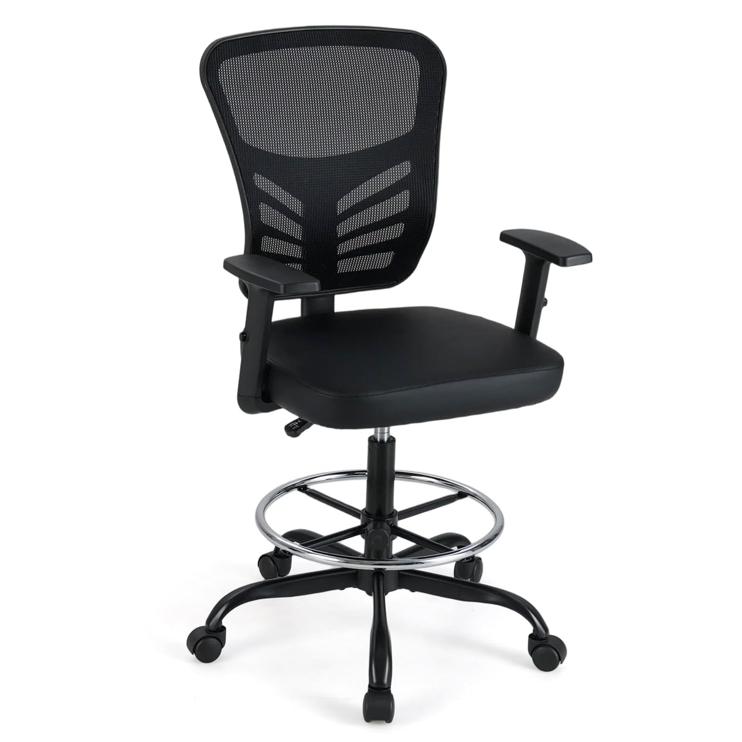 Height-adjustable Drafting Chair with Adjustable Armrests and Footrest Ring