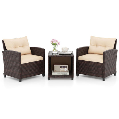 3 Piece Outdoor Patio Furniture Set with Glass Coffee Table and Storage Compartment