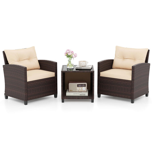 3 Piece Outdoor Patio Furniture Set with Glass Coffee Table and Storage Compartment