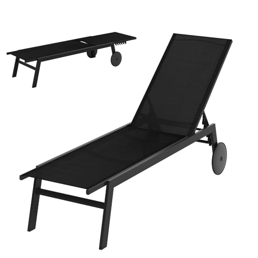Patio Chaise Lounge Chair with Wheels Outdoor Recliner with 6-Level Adjustable Backrest
