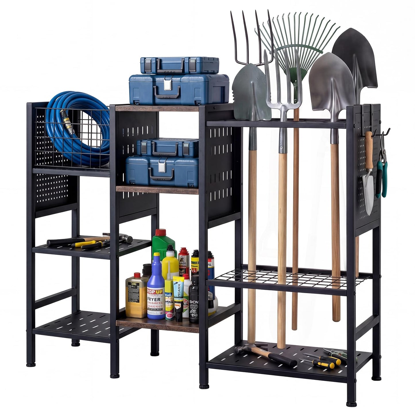 Garden Tool Storage Rack, 3 Tier Metal Yard Tool Organizer with Wooden Shelves