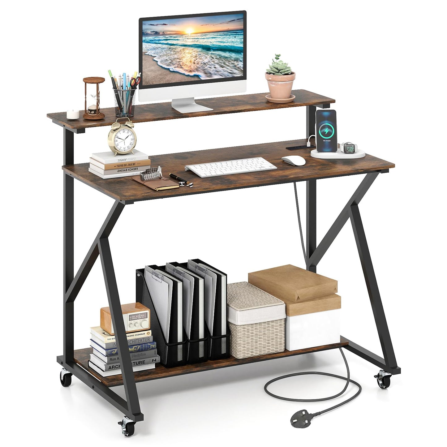 Mobile Computer Desk with Power Outlets Monitor Stand and Storage Shelf