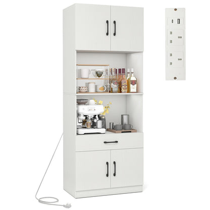 Kitchen Pantry Cabinet with Charging Station 168 cm Tall Cupboard with 4 Doors and 2 Adjustable Shelves