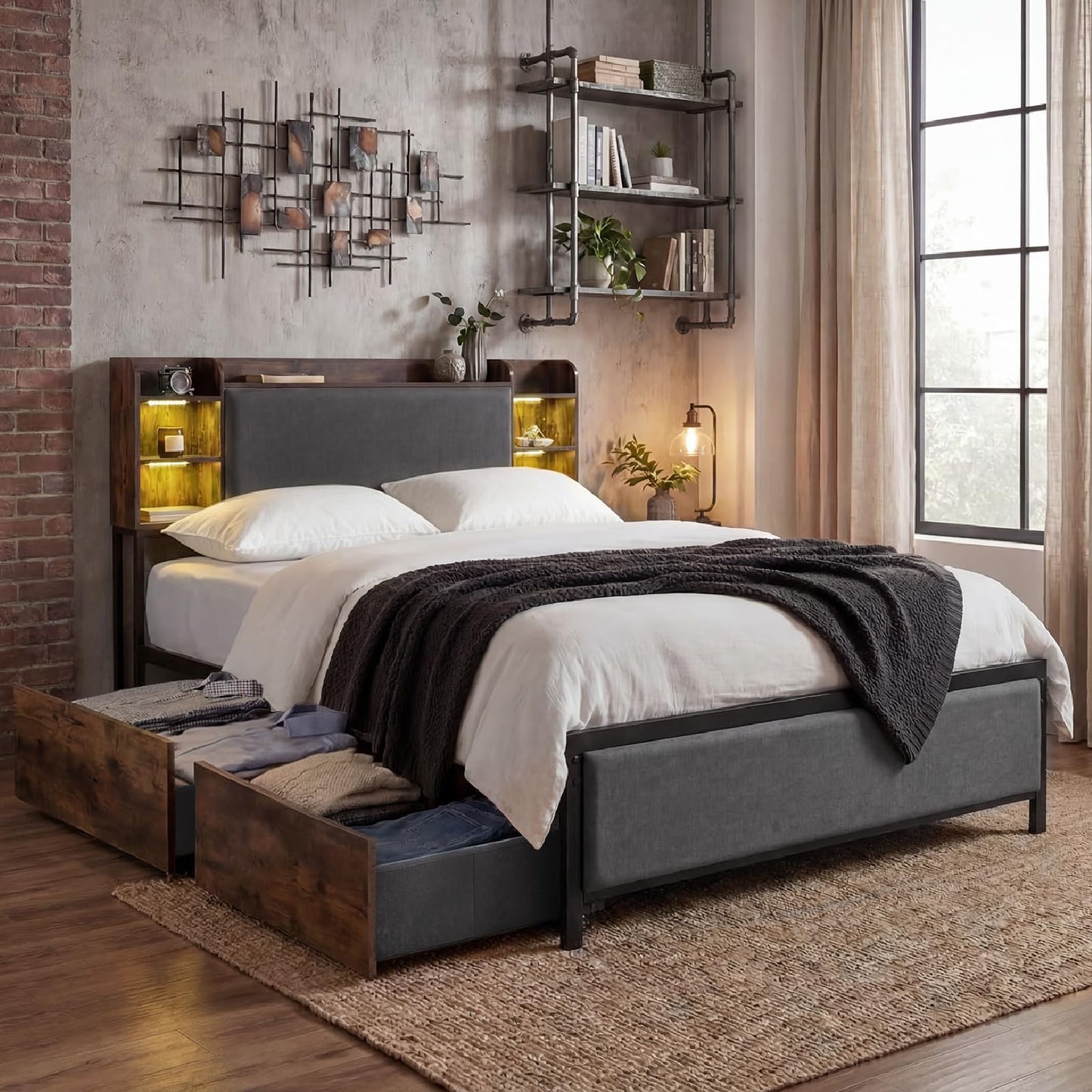 Double/King Size Bed Frame with LED Lights, Charging Station, Storage Headboard