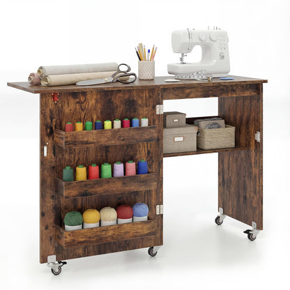 Folding Sewing Table with Storage Shelf and 3 Hidden Bins for Home