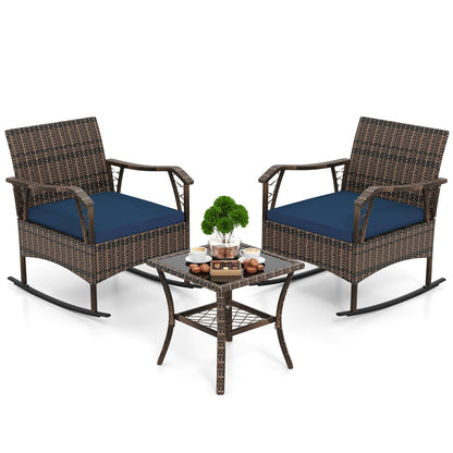 3 PCS PE Rattan Garden Rocking Bistro Set with Tempered Glass Coffee Table