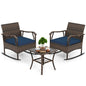 3 PCS PE Rattan Garden Rocking Bistro Set with Tempered Glass Coffee Table