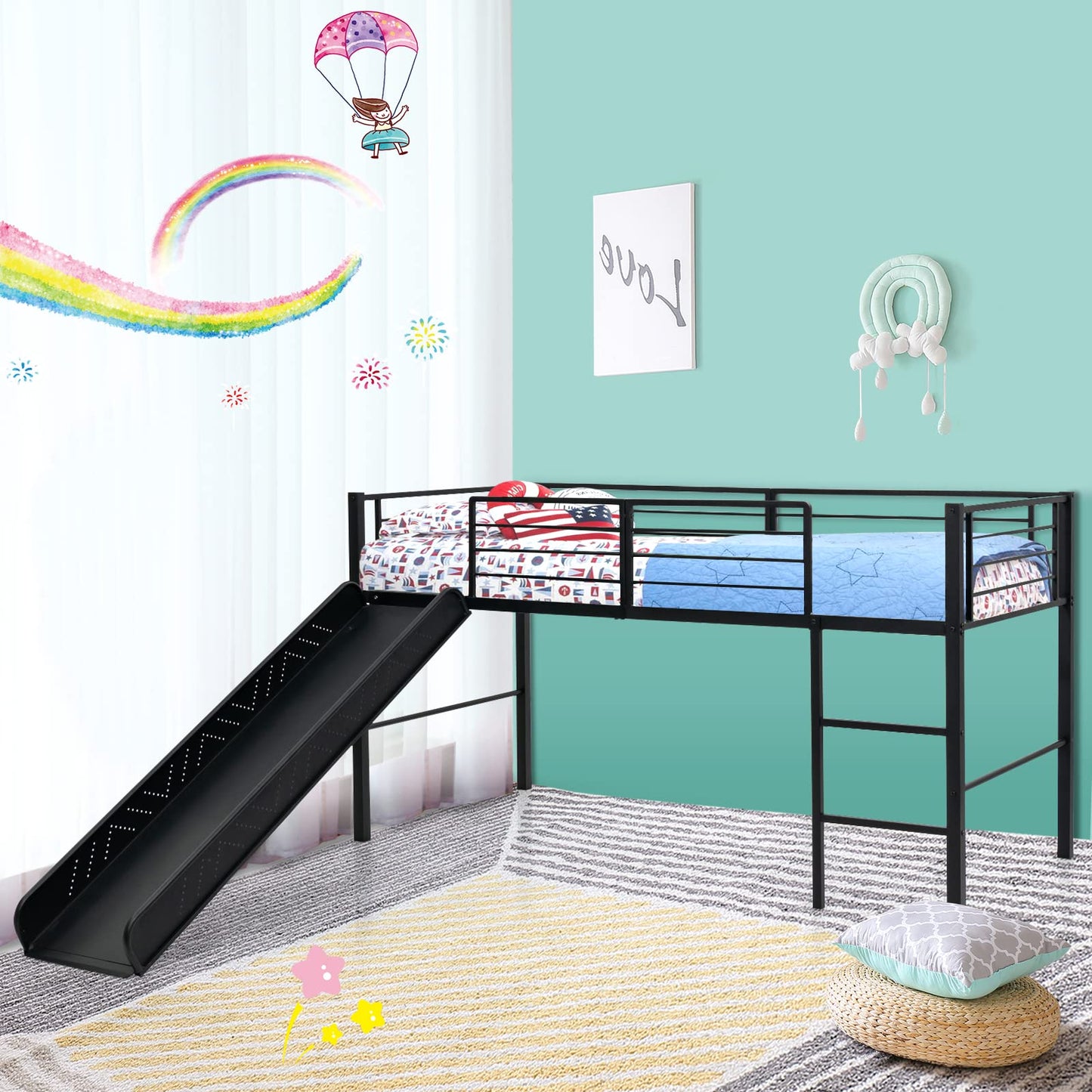 Sliding Loft Children Single Bed with Stairs and Safety Guardrails