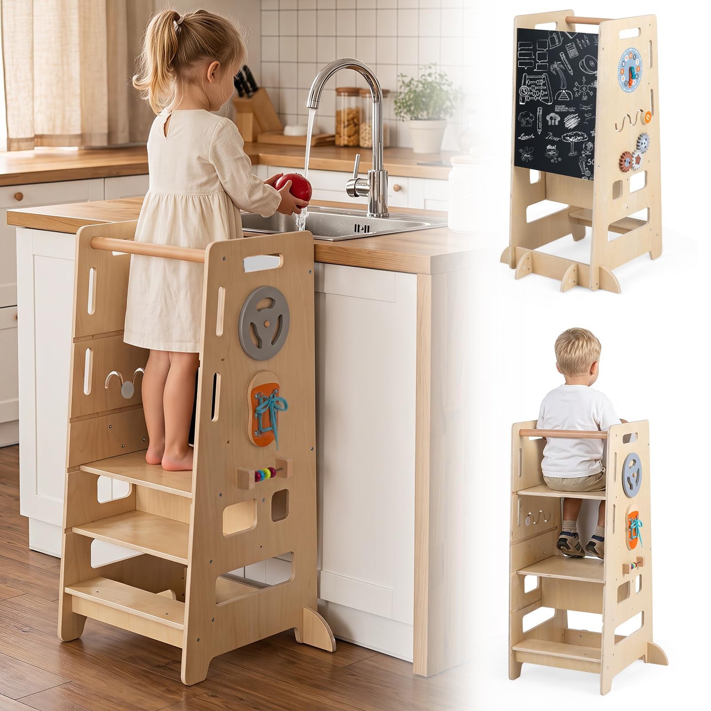 Toddler Standing Tower, Wooden Kids Step Stool with Chalkboard