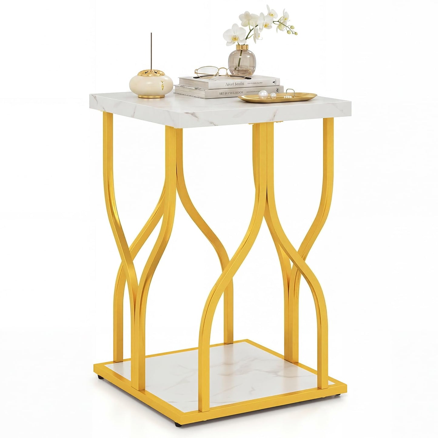 2-Tier Sofa Side Table, Faux Marble End Table with Storage Shelf