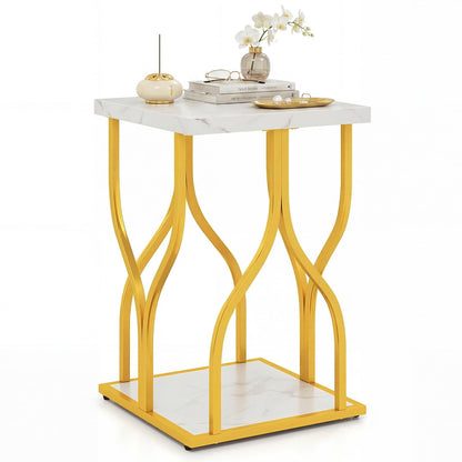 2-Tier Sofa Side Table, Faux Marble End Table with Storage Shelf
