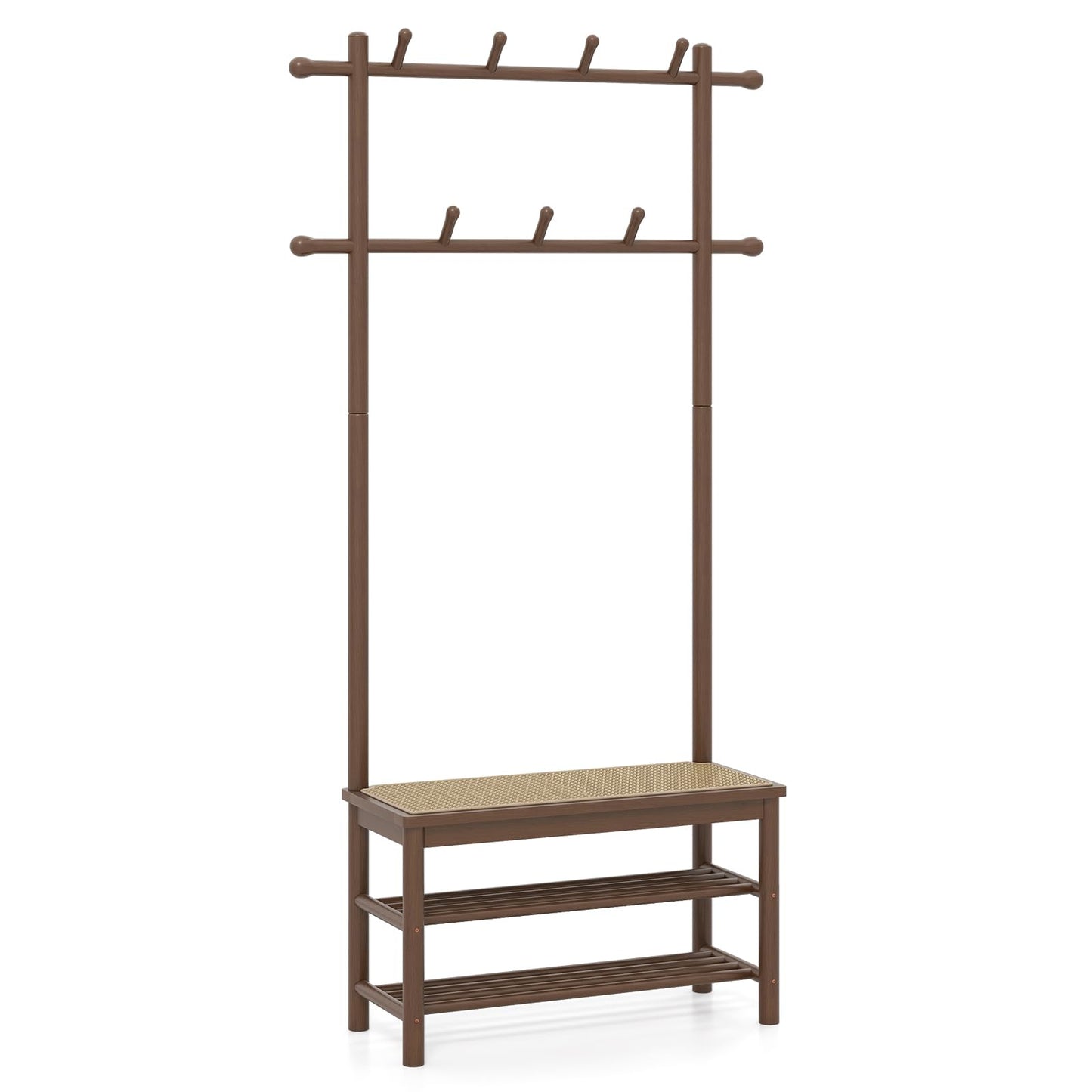 Bamboo Coat Rack PE Rattan Hall Tree with Bench and Shoe Storage