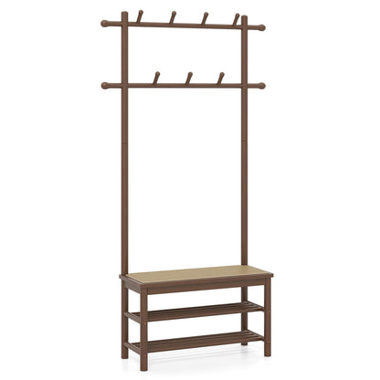 Bamboo Coat Rack PE Rattan Hall Tree with Bench and Shoe Storage