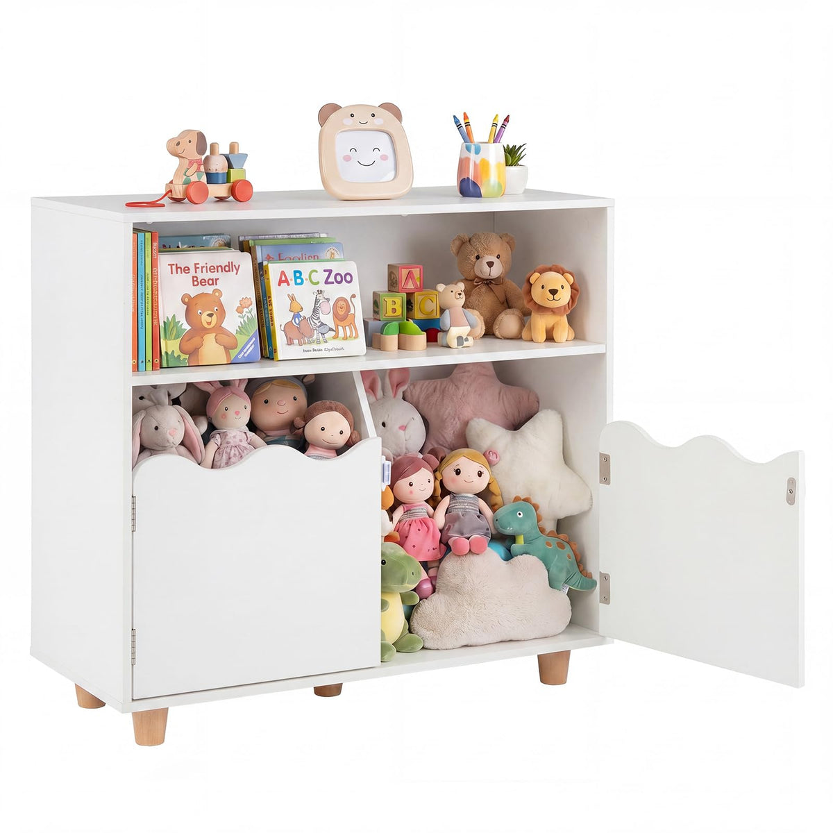 Wooden Bookshelf with 2 Anti-Toppling Devices and Top Surface Open Compartment