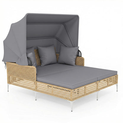 Garden Rattan Daybed, Patio Double Chaise Lounger Sun Bed with Retractable Canopy