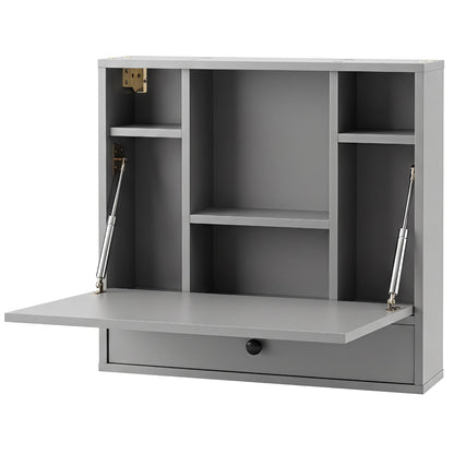 Wall-Mounted Fold-Down Desk Floating Computer Workstation with Drawer and 6 Cubes