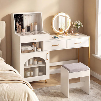 Dressing Table with 3-Color LED Lights Swivel Mirror and Stool