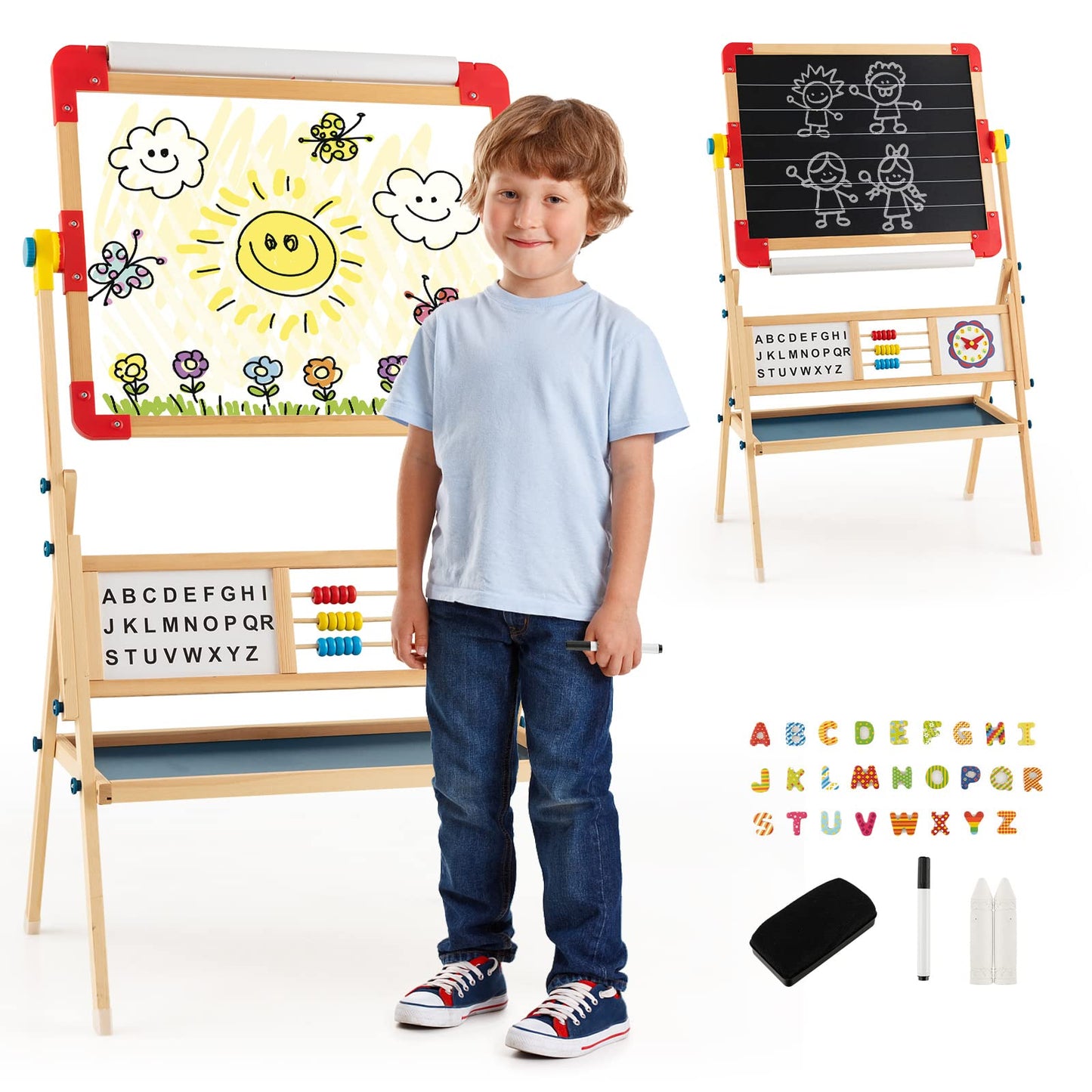 3-in-1 Freestanding Kids Art Easel with Double-sided Drawing Board
