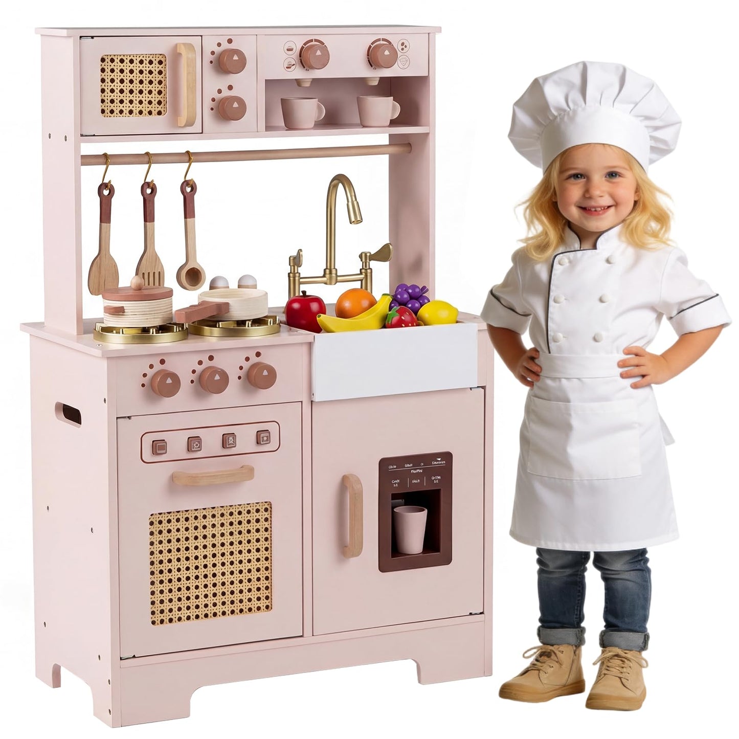 Kids Play Kitchen, Wooden Toy Kitchen with Stoves
