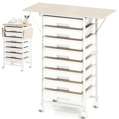8 Drawers Storage Trolley with Wooden Top & Foldable Side Panels
