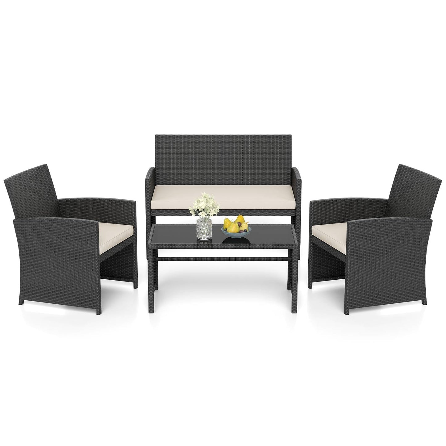 4 Piece Patio Rattan Conversation Set Wicker Loveseat Armchairs