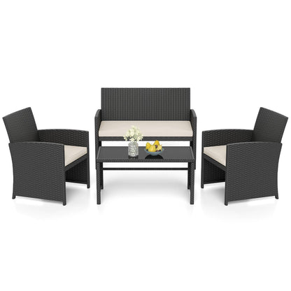 4 Piece Patio Rattan Conversation Set Wicker Loveseat Armchairs