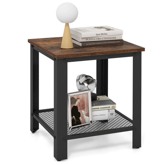 2 Tier End Table Square Sofa Side Table with Mesh Shelf