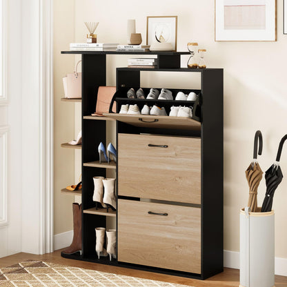 Slim Shoe Cabinet with 3 Flip Drawers, Open Shelves