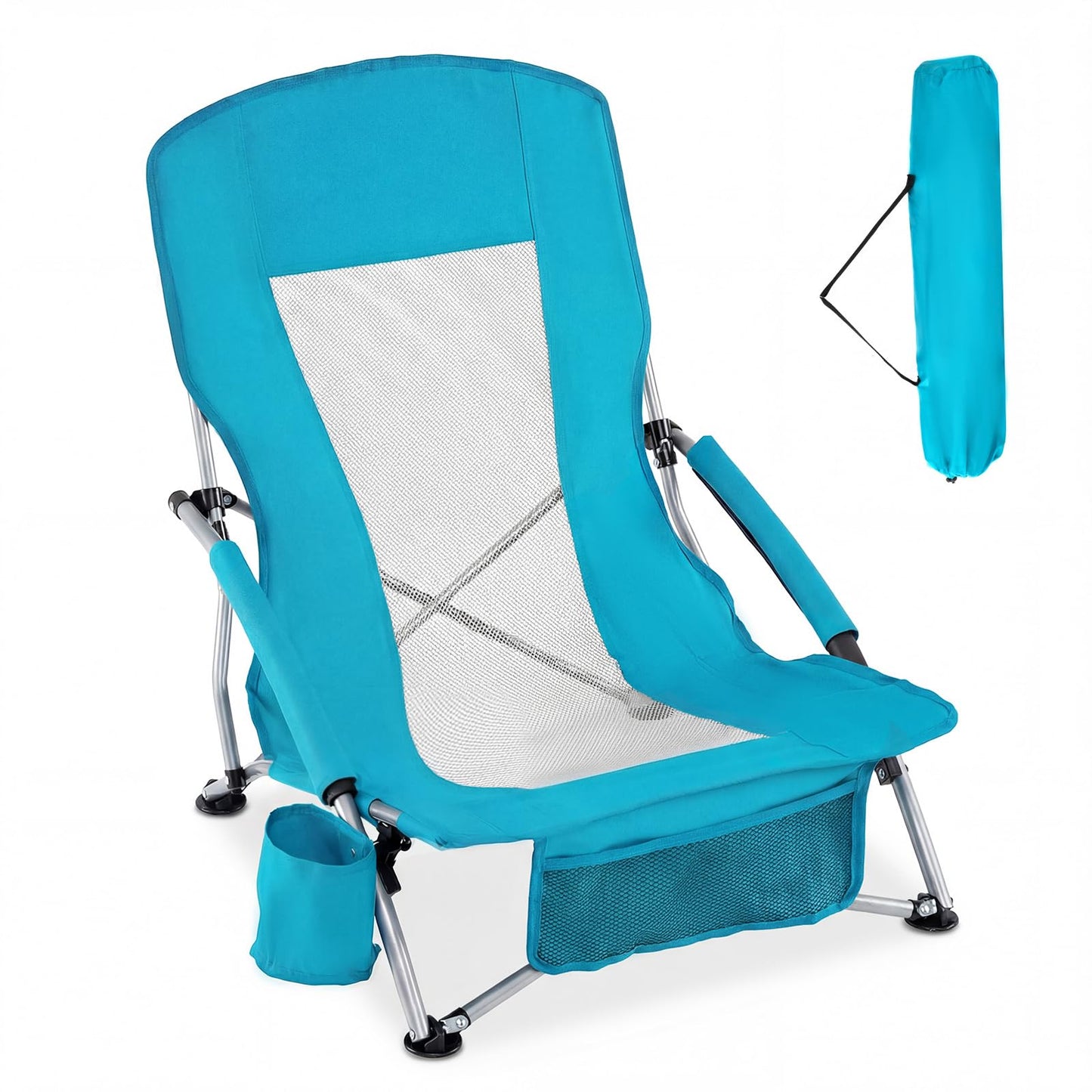 Folding Beach Chair with Padded Armrests and Storage Pocket