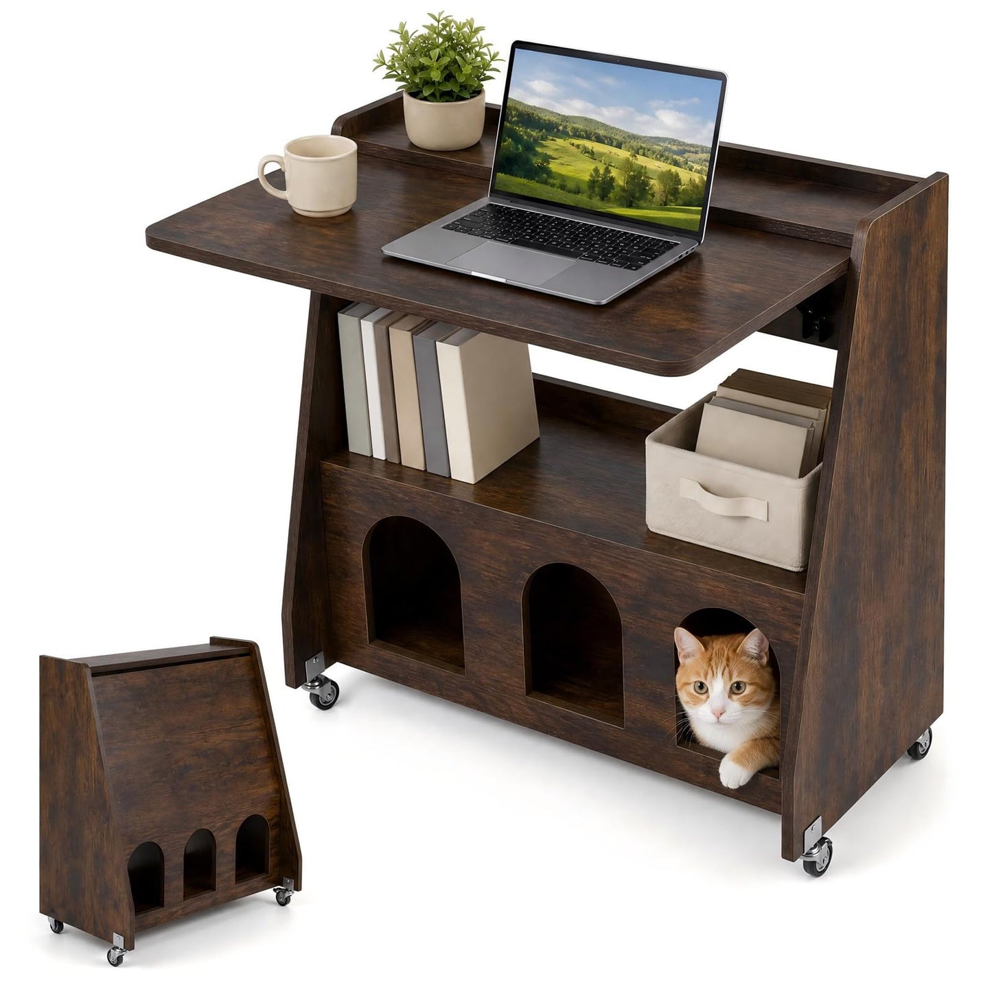 Folding Desk on Wheels, Convertible Drop Leaf Writing Desk
