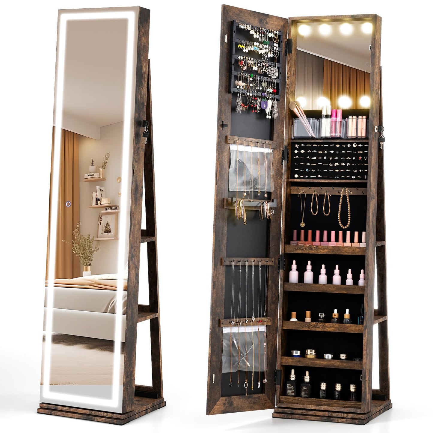 360° Swivel Jewelry Cabinet Freestanding Jewelry Storage Organizer with Lighted Full Length Mirror